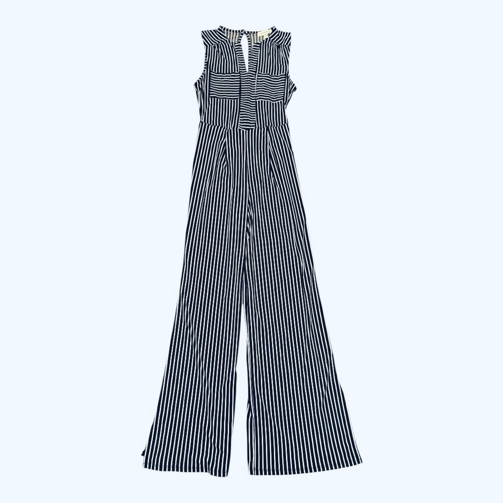 NWT Women's Monteau Navy & White Striped Tie Waist Sleeveless Jumpsuit S - Picture 7 of 14